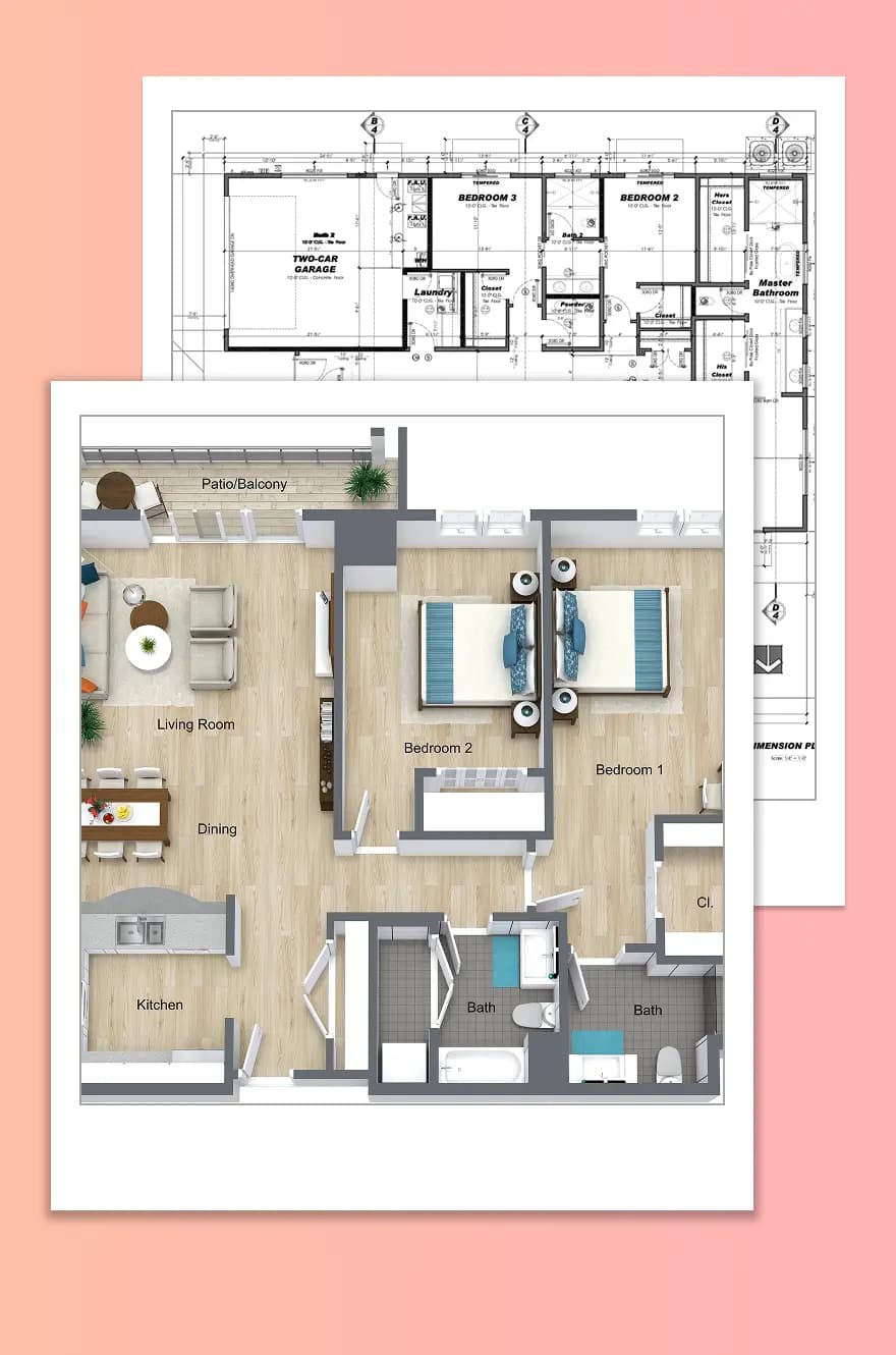 Comparison of 2D architectural floor plan and 3D rendered floor plan showing apartment layout with furniture