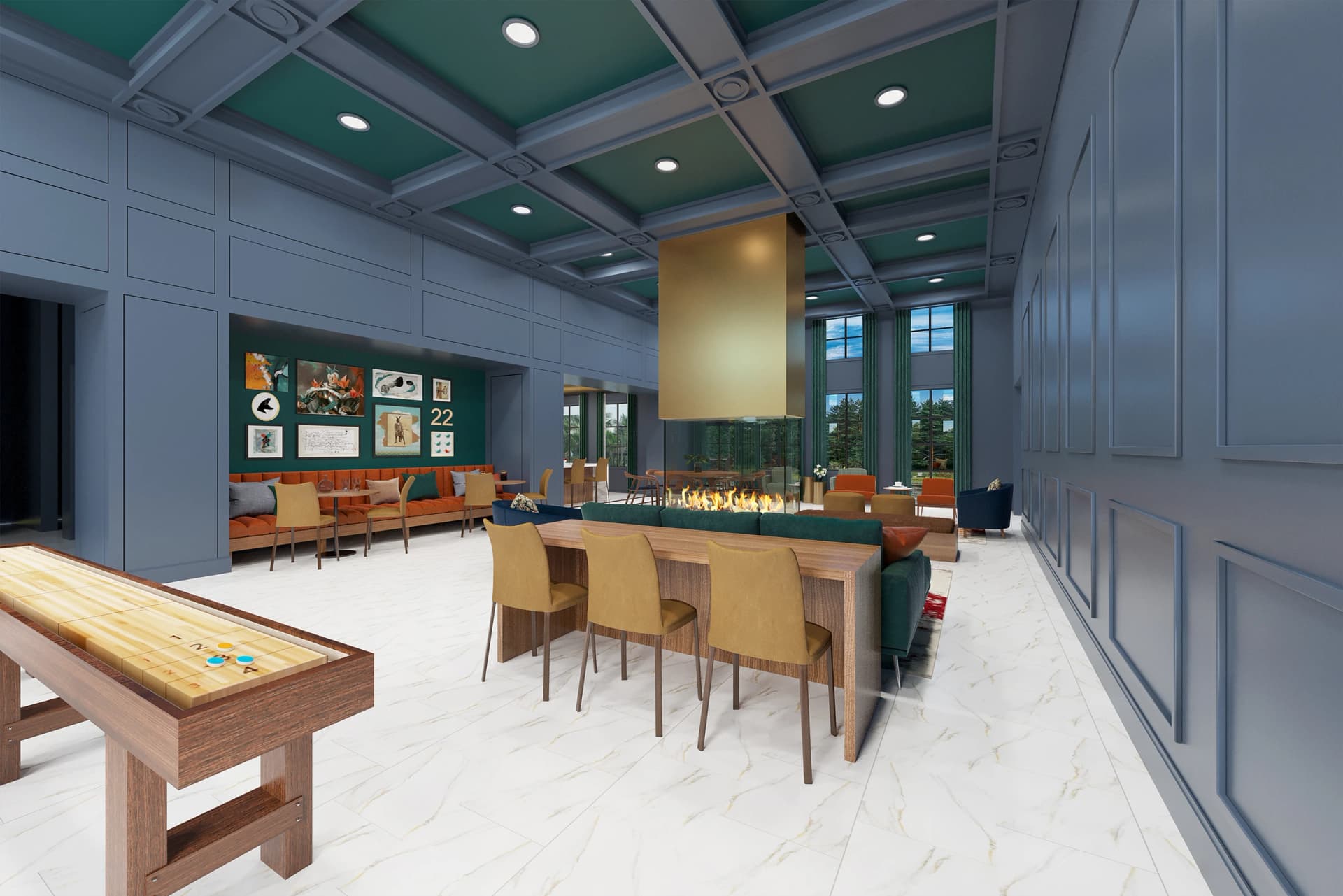 Community Club Room - Sophisticated social space with fireplace, custom millwork, and entertainment features for residential communities