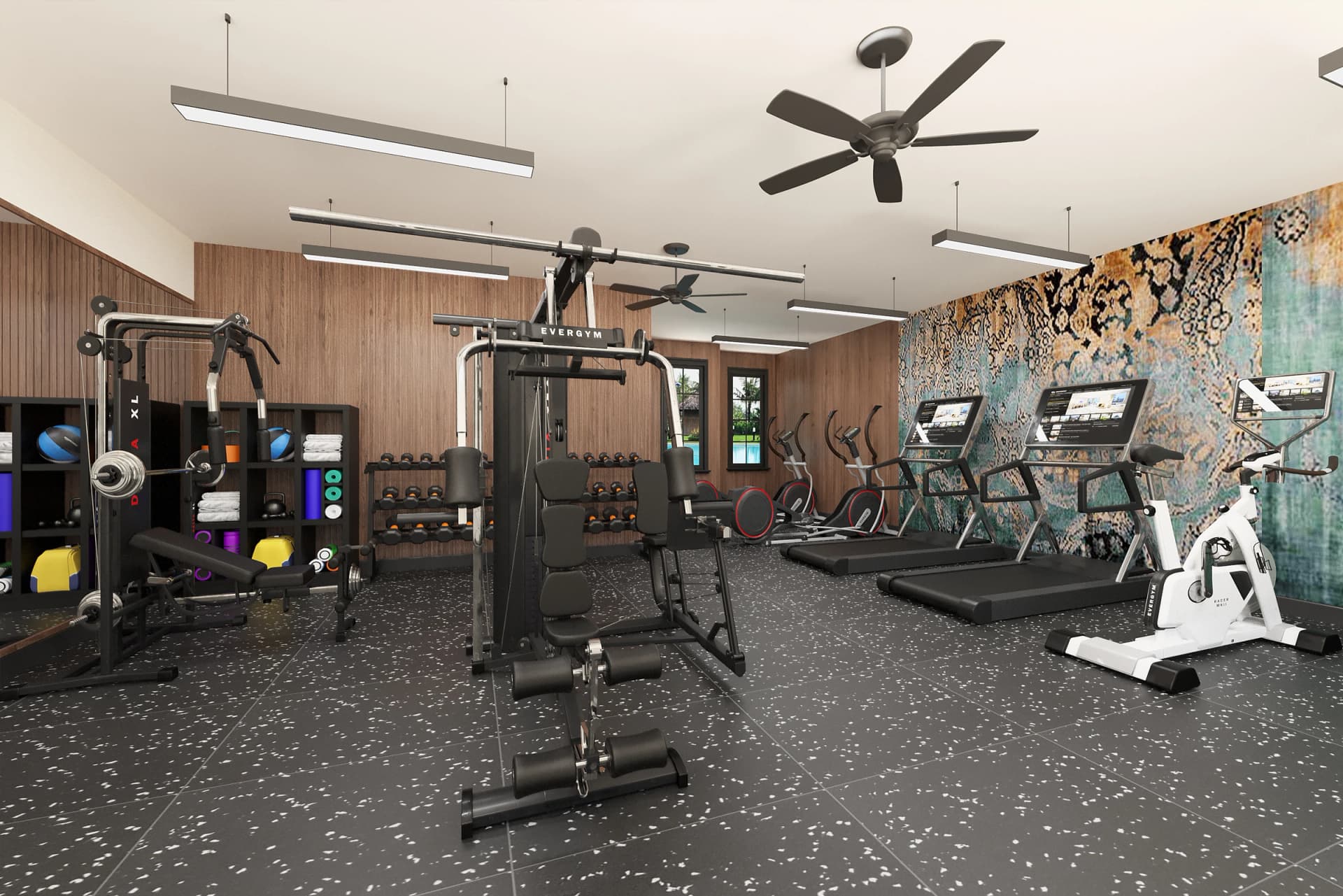 State-of-the-Art Fitness Center - Premium fitness facility with modern equipment, custom lighting, and designer finishes for residential developments