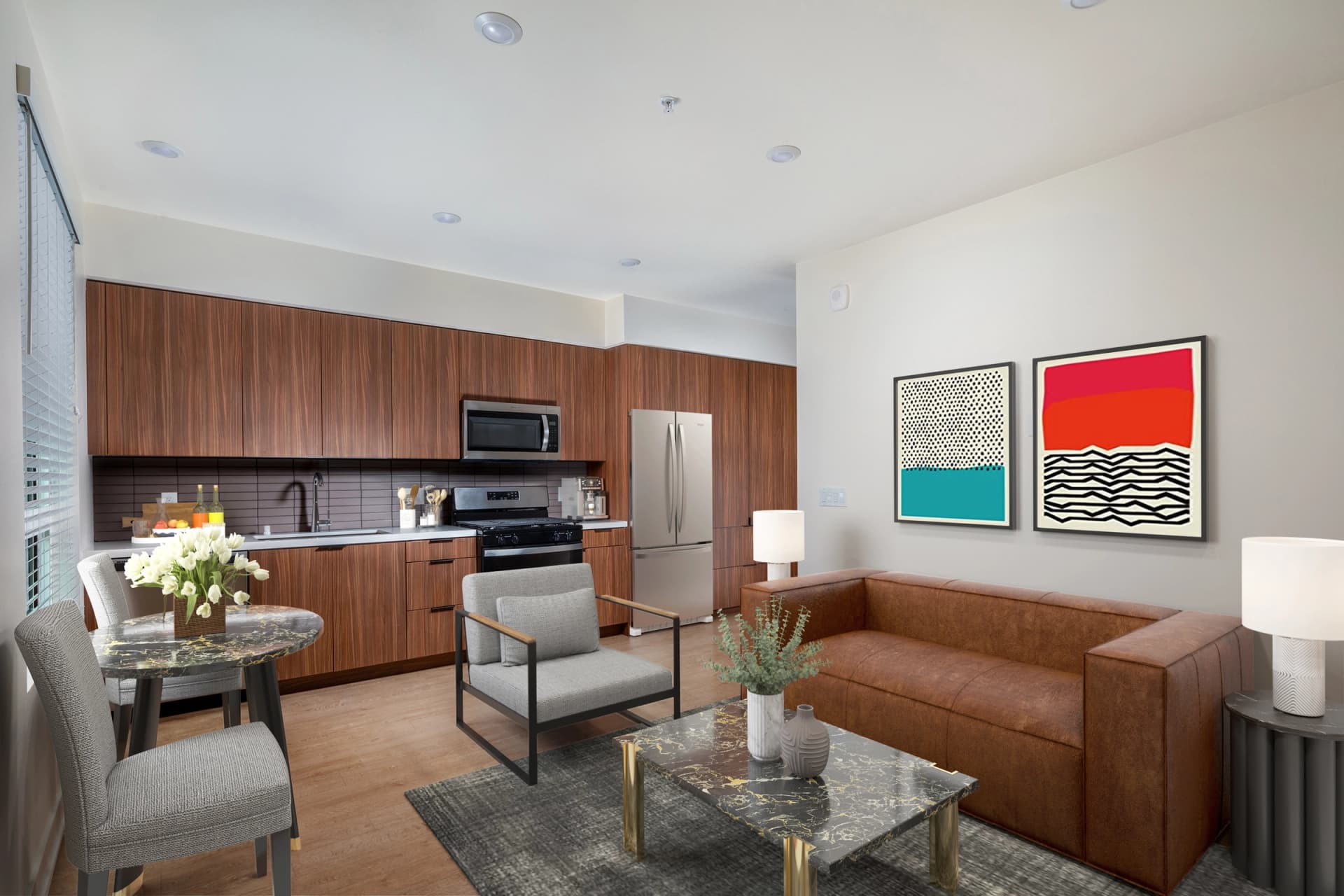 Modern Apartment Living - Contemporary open-concept living space with designer furniture and artistic accents for urban developments