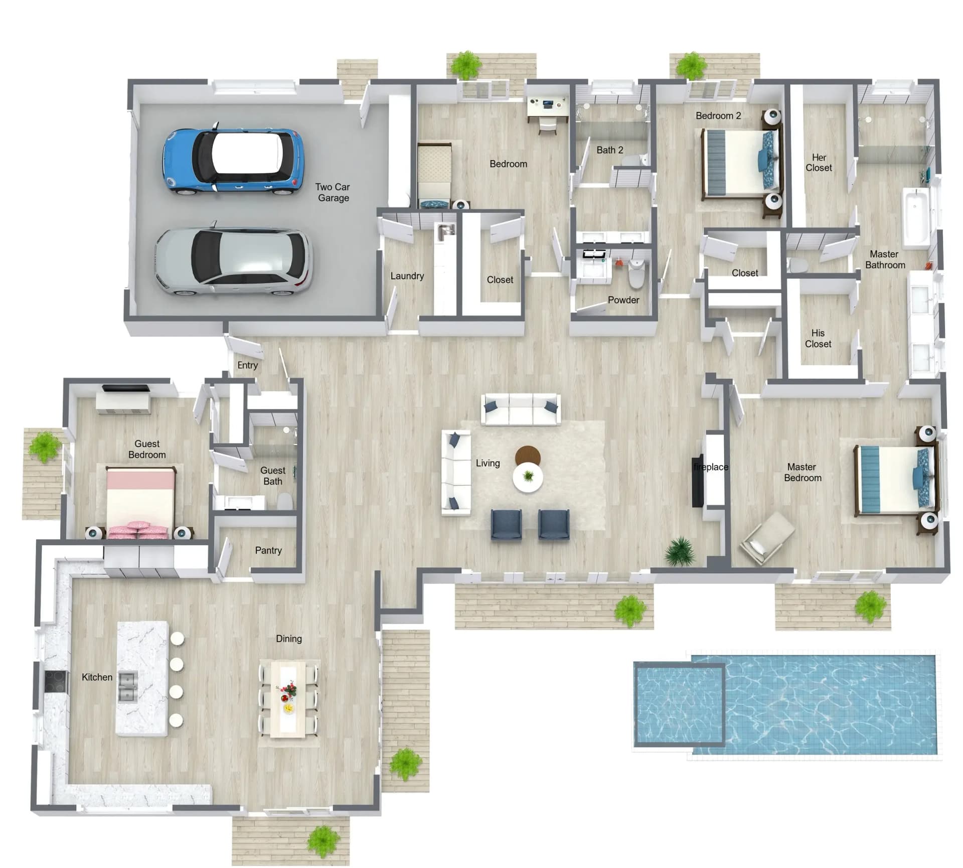 Luxury Home with Pool - Comprehensive 3D visualization of a spacious family home with multiple bedrooms, open-concept living areas, and outdoor pool