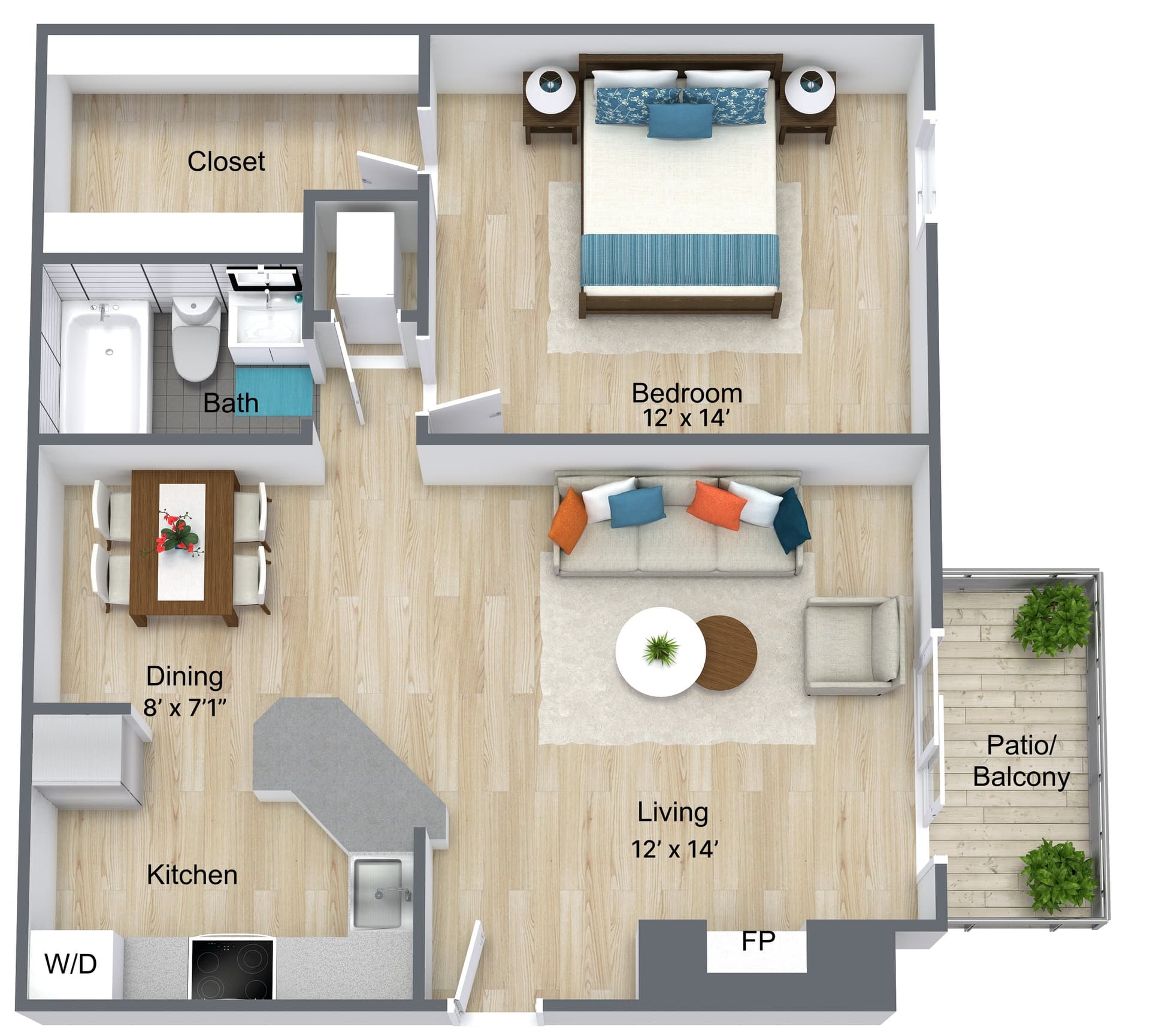 3D floor plan of modern one-bedroom apartment