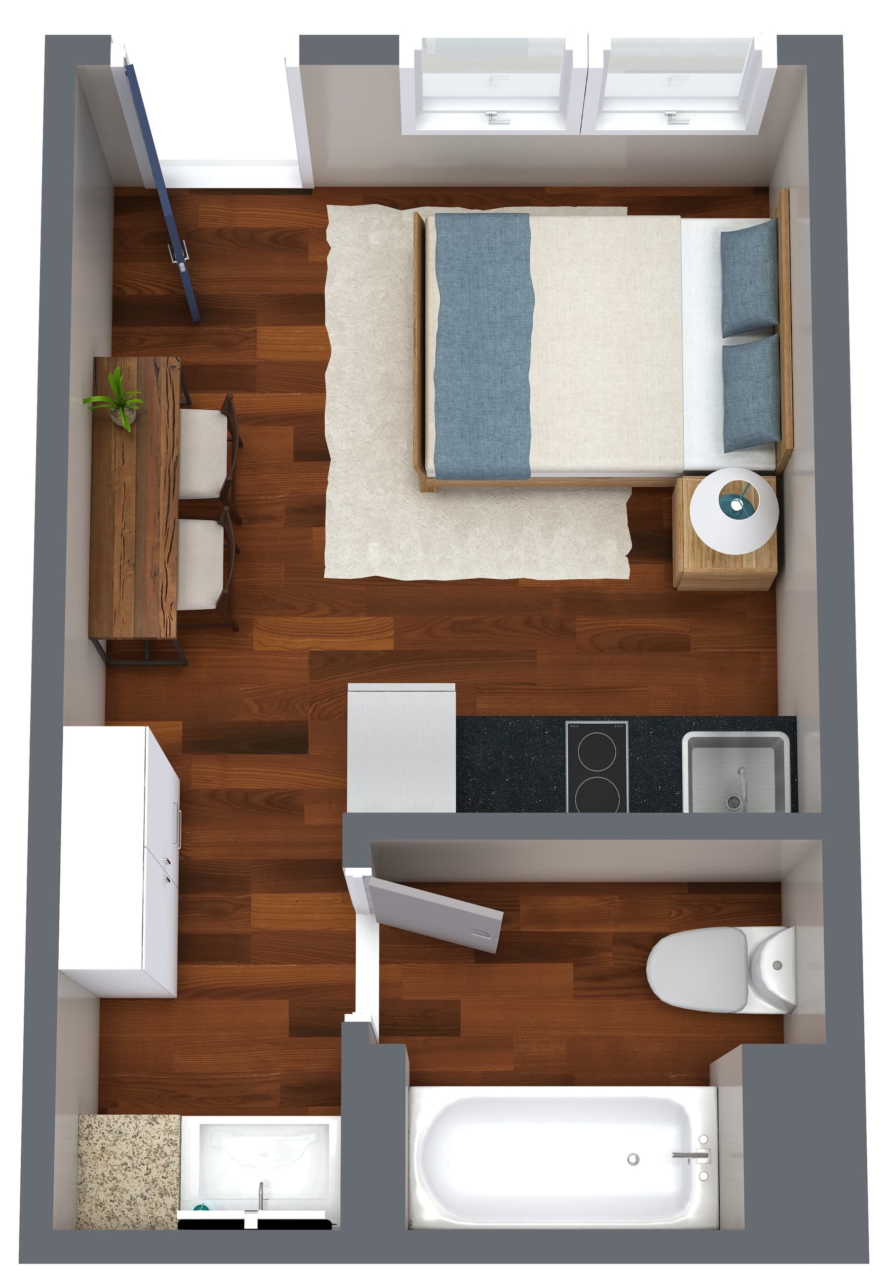 Efficient Studio Apartment - Space-optimized studio layout showcasing smart design for compact urban living with integrated kitchen, bathroom, and sleeping area