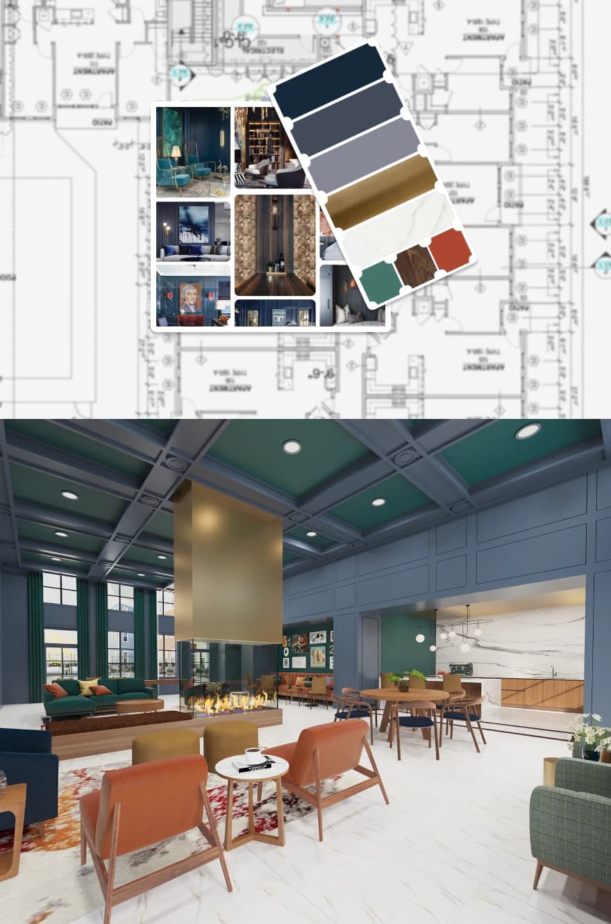 Modern luxury community space with green coffered ceiling and gold fireplace feature