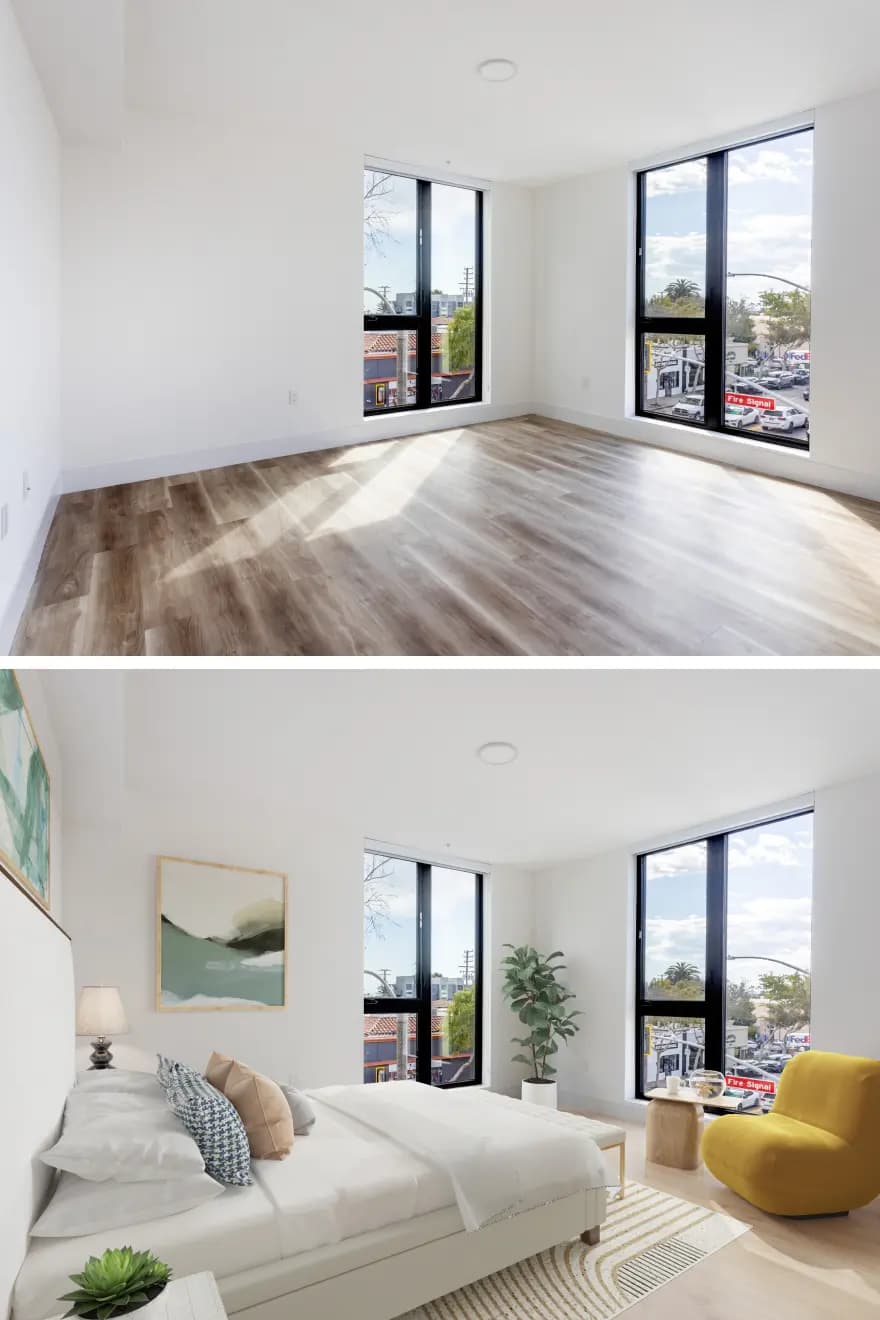 Virtual staging before and after transformation of a bedroom