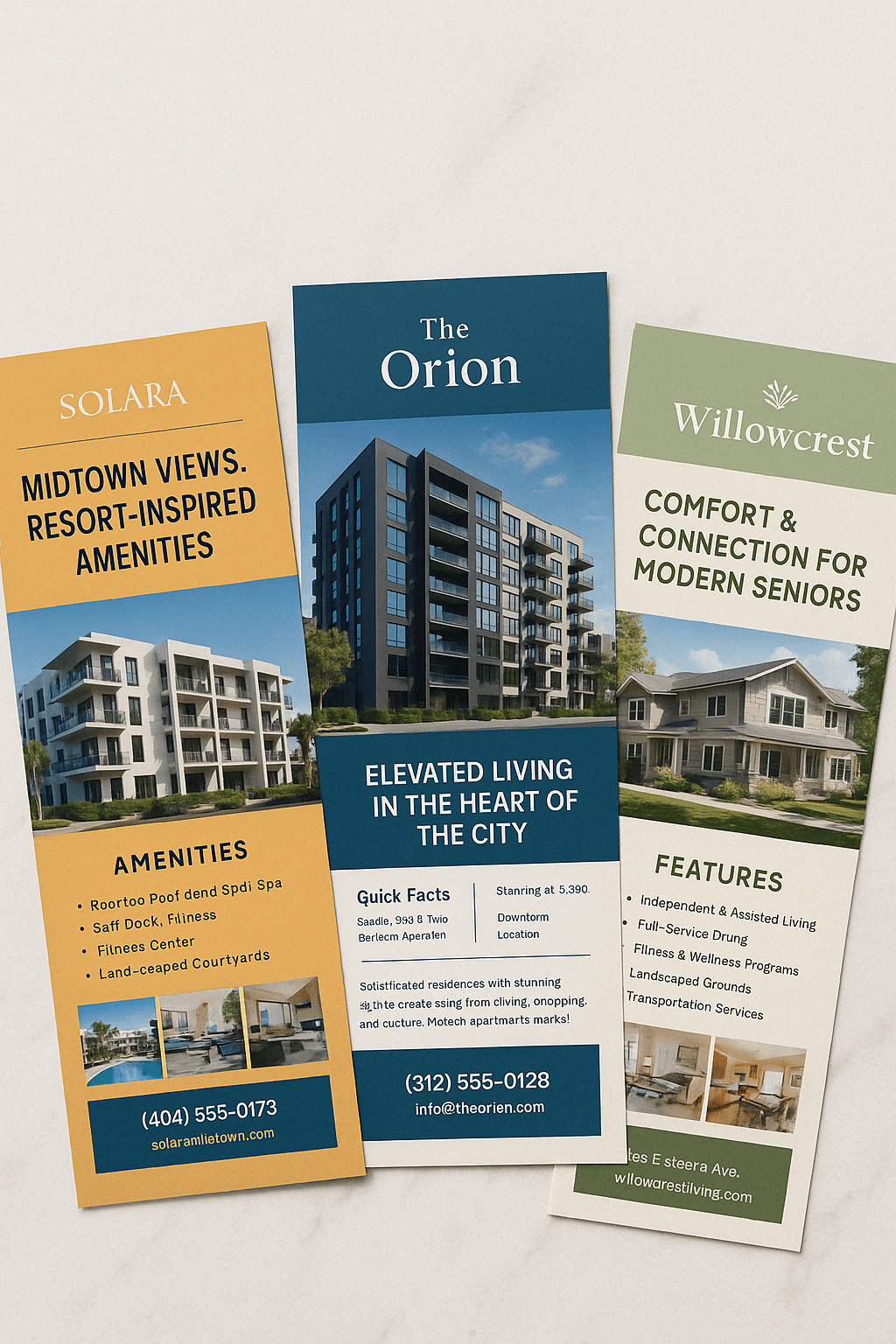 Property brochures for Solara, The Orion, and Willowcrest apartments showing different design styles