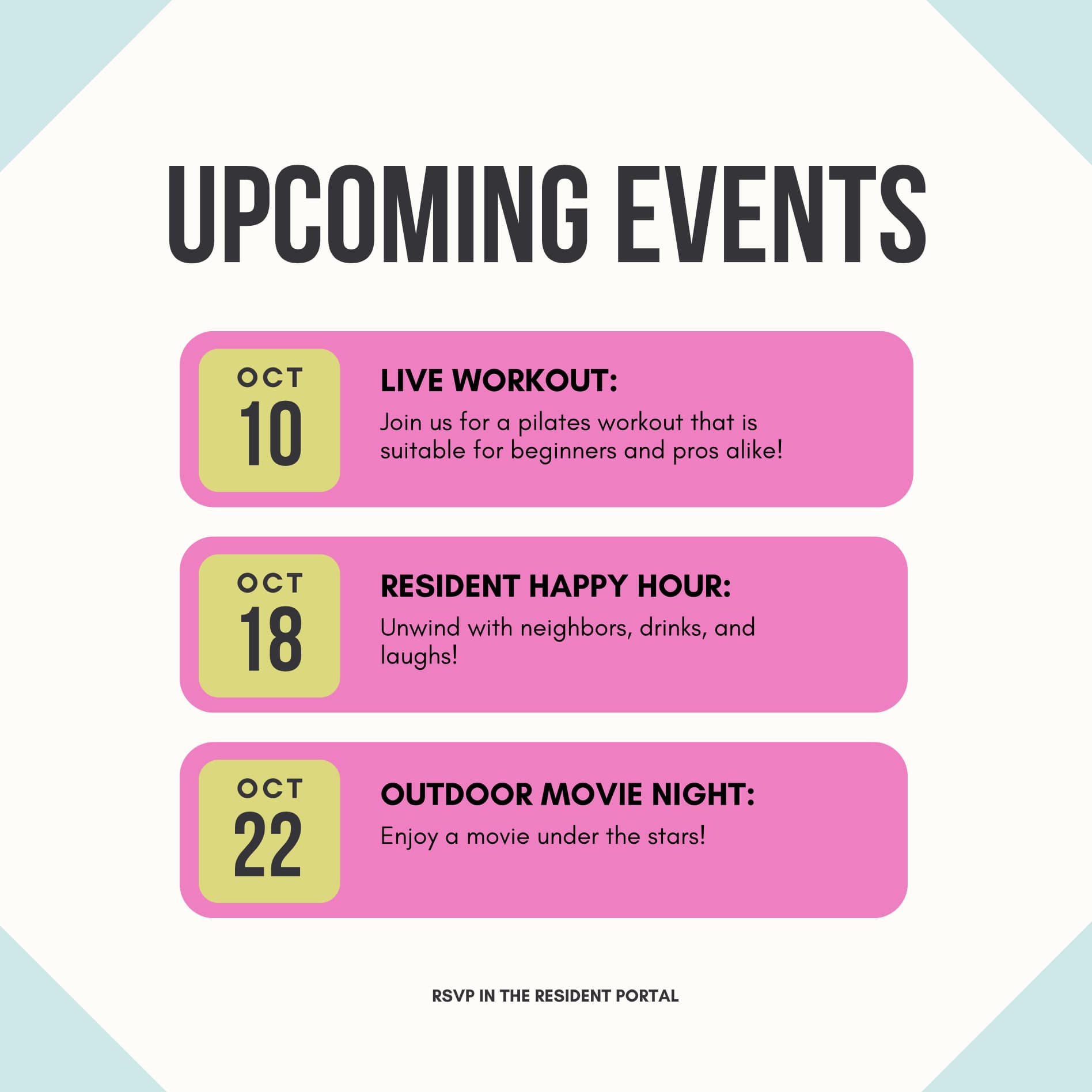Upcoming events social media post for resident engagement