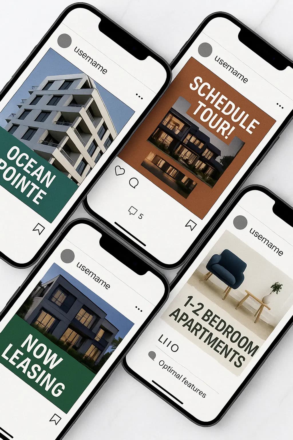 Social media marketing posts for properties showing Ocean Pointe, Schedule Tour, Now Leasing, and apartment listings