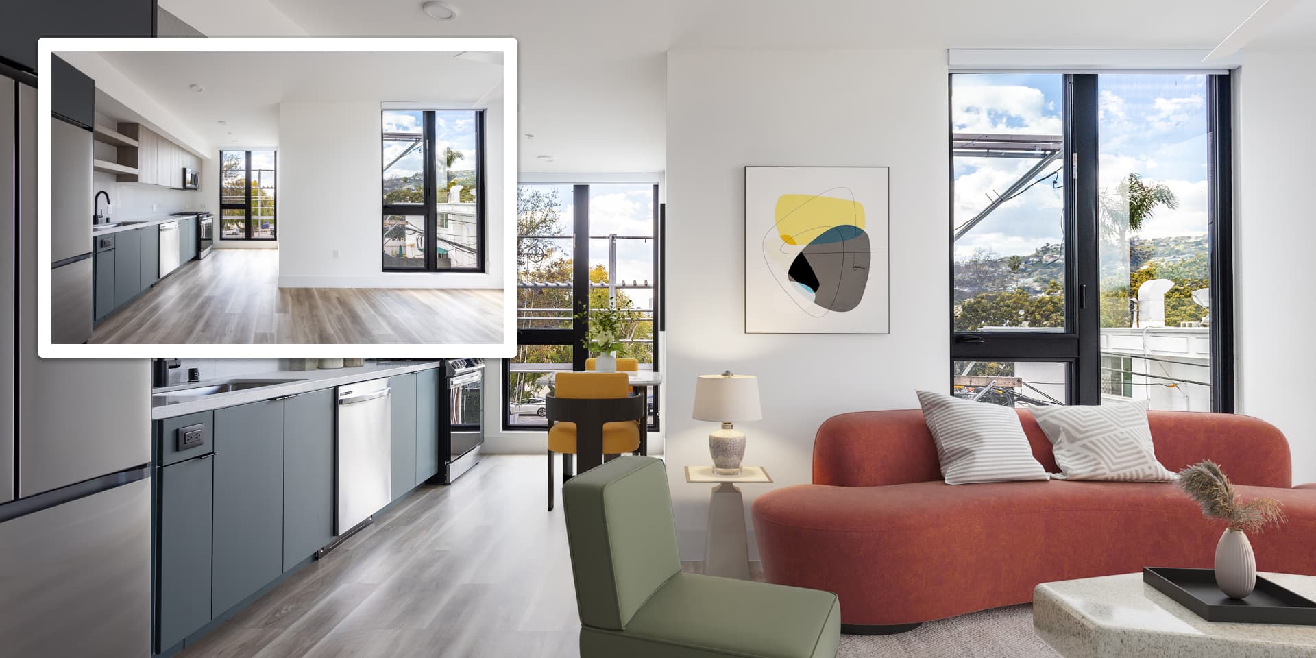 Virtual staging before and after showing an empty apartment transformed with stylish furniture including a coral sofa, green accent chair, and modern decor