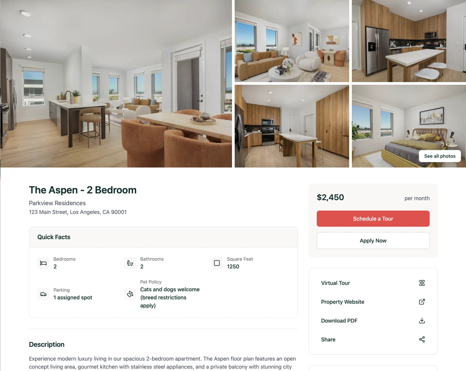 Property unit website on desktop