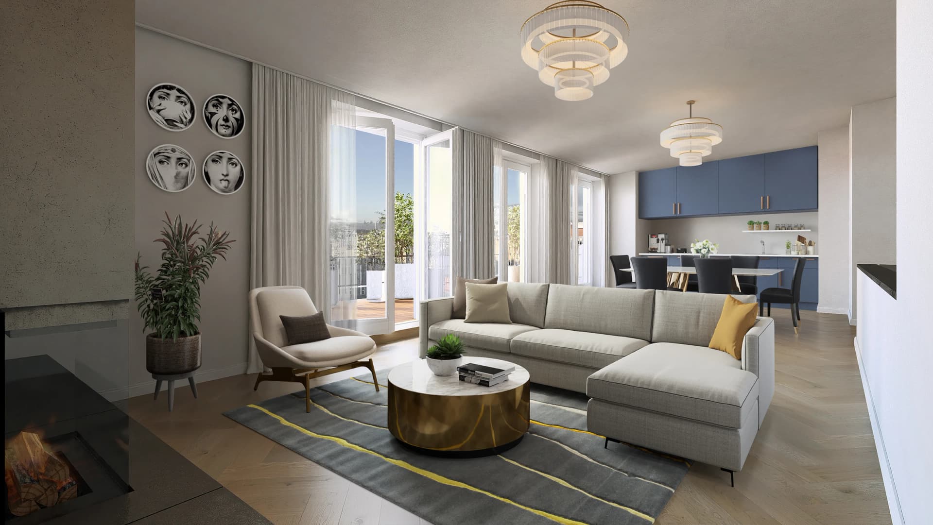 Elegant living and dining area in a luxury high-rise apartment with panoramic windows