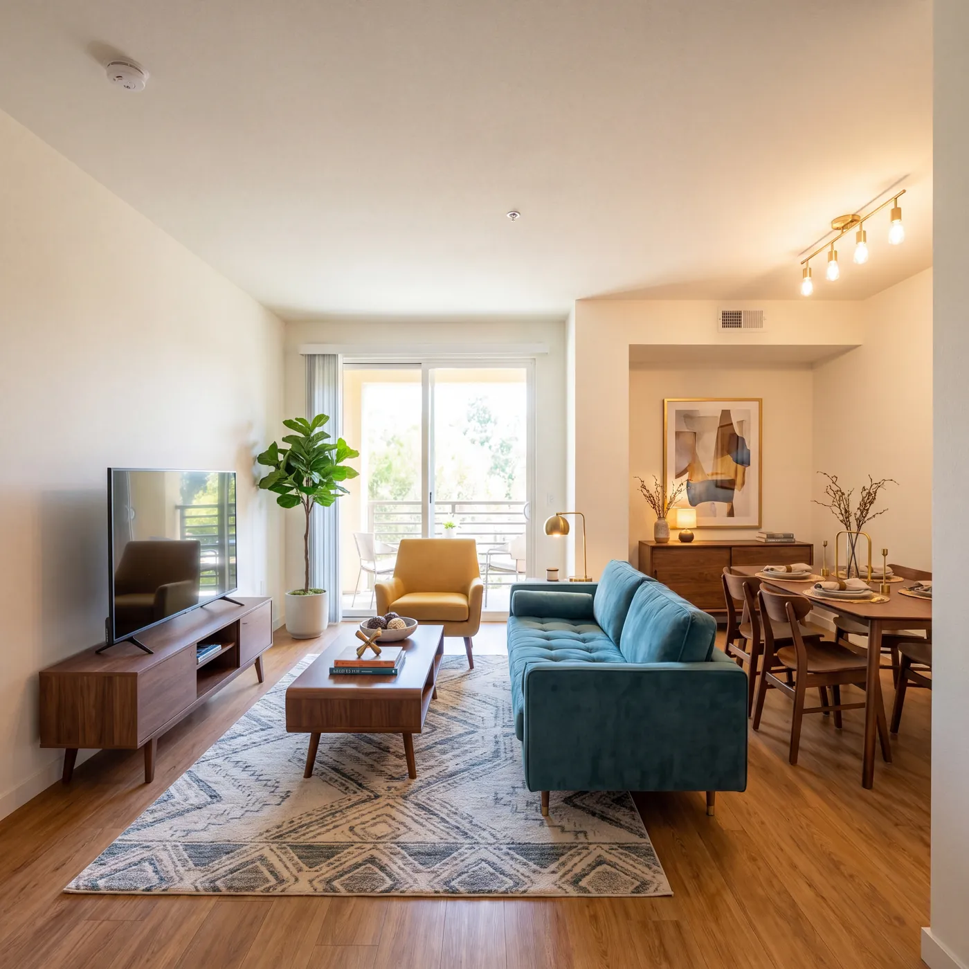 A living and dining room in a garden-style community