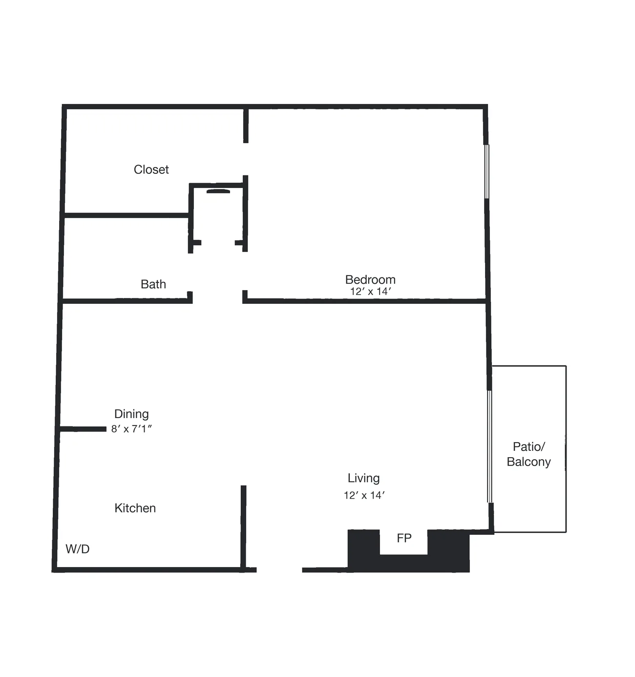 The same one-bedroom as a flat 2D floor plan