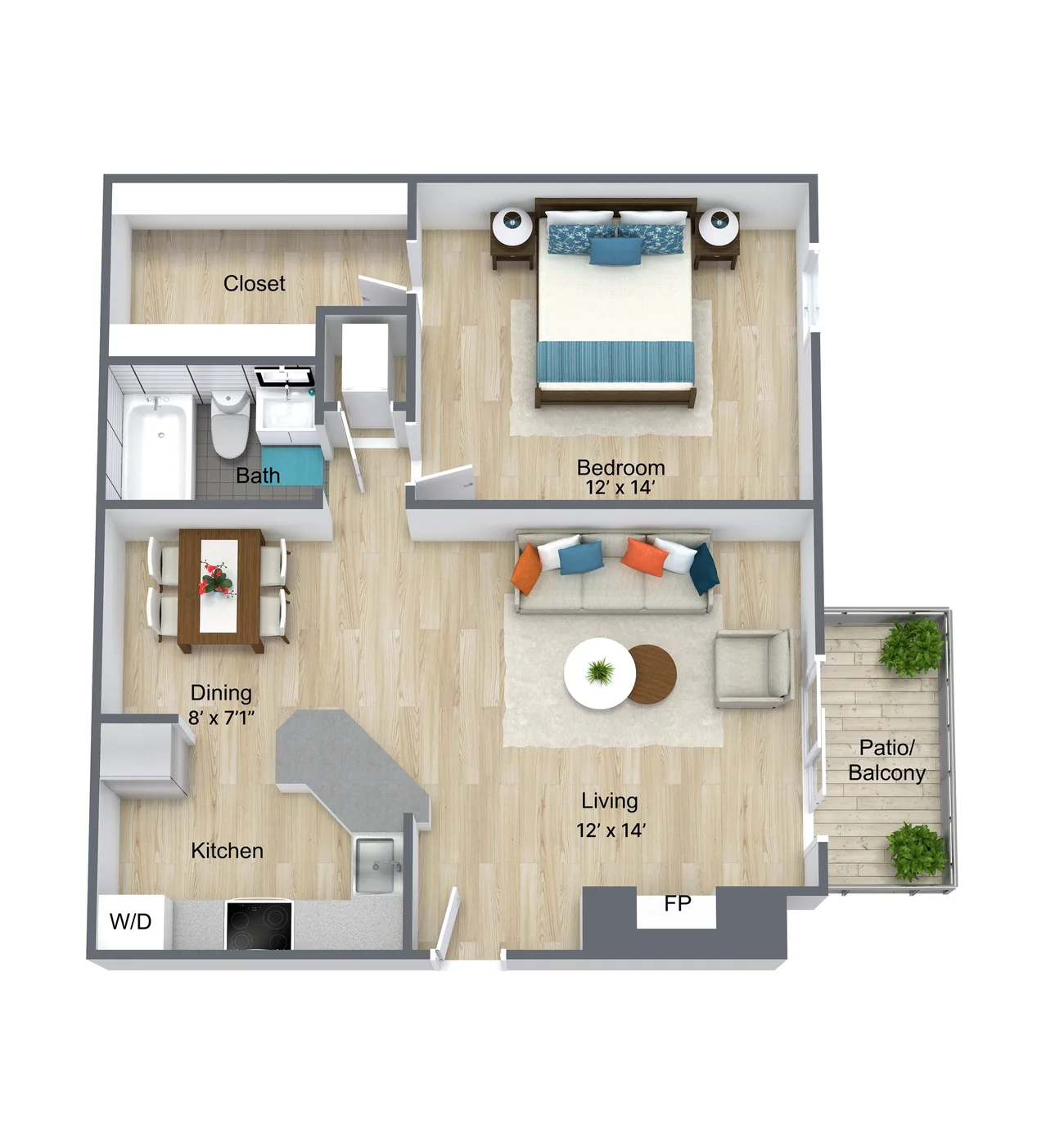 Furnished 3D floor plan of a one-bedroom apartment
