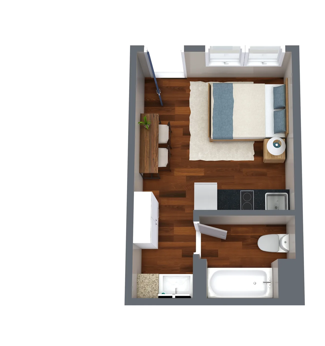 Furnished 3D floor plan of a studio with walnut floors, white cabinets, and black counters